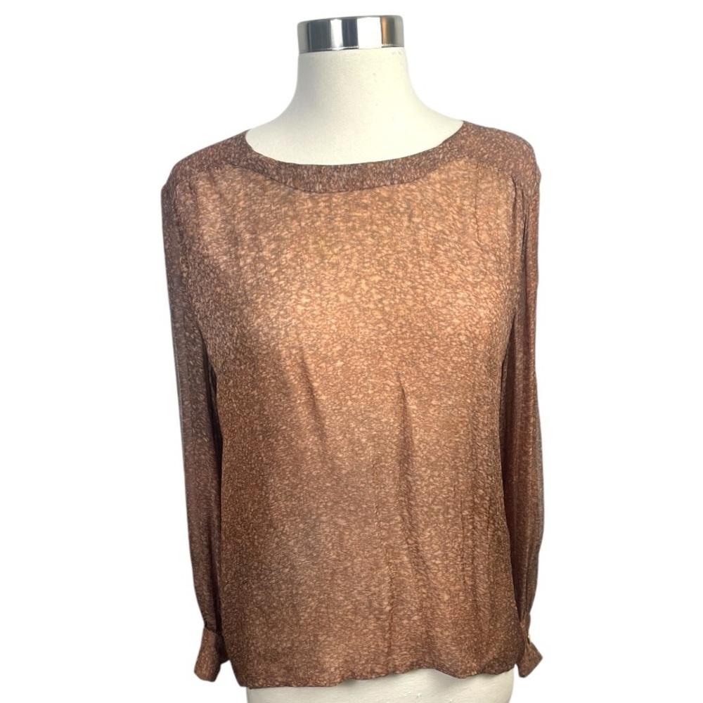 Vintage Handmade Semi Sheer Printed Silk Boat Neck Blouse‎ W/Gold Tone Buttons M